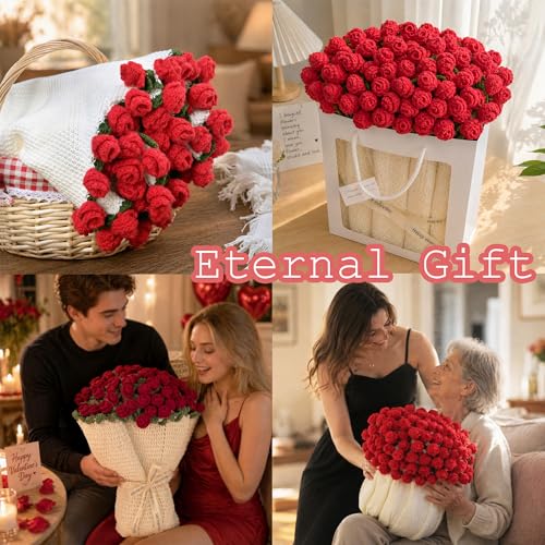 Crochet Flower Bouquet Throw Blanket, Cute Romantic Gift for Her Girlfriend Mom Mother’s Day Valentine Wedding Anniversary Birthday (Red, 60 inches) - color: Red, size: 60 inches