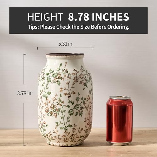 SIDUCAL Ceramic Vintage Pastoral Vase, 8.78 Inch Chinoiserie Floral Vase, Retro Ice Cracked Rustic Farmhouse Vases for Home Decor, Living Room, Bookshelf, Office, Tuscan Decor, Green and Brown Floral - color: 18049-green and Brown Floral