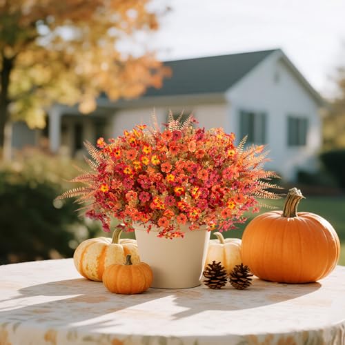 12 Bundles Fake Mums Fall Flowers Artificial for Outdoors Decoration Artificial Mums Faux Plants Daisy for Outdoor Outside Planters UV Resistant Violets for Fall Decor Home Porch Door Front Patio Yard - color: Z2-orange, Autumn Red, Sunset Blush, Fernwood