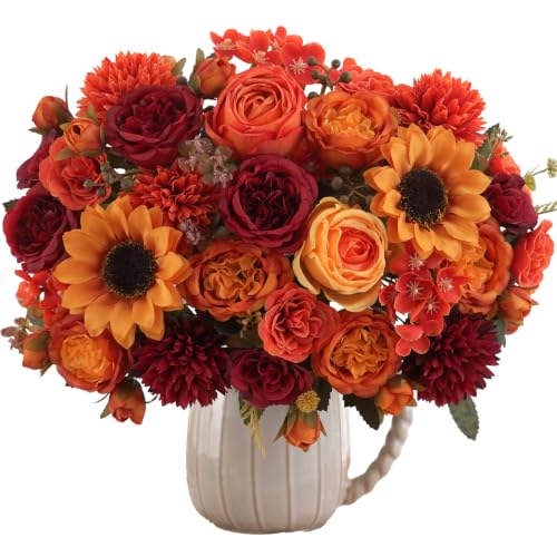8 Pcs Mixed Autumn Artificial Peony Flower Set-4 Bouquets & 4 Stems, Burnt Orange Wine Red Fake Peony Sunflower Silk Flower for Fall Table Centerpiece Farm Wedding Thanksgiving Halloween Home Decor - color: Burnt Orange & Burgundy, size: Mixed 8pcs