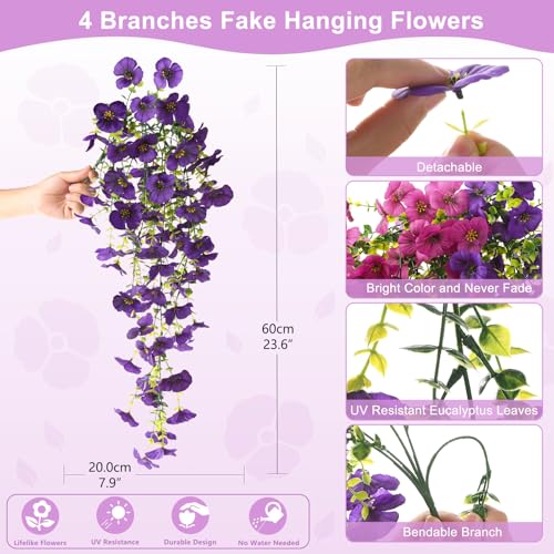 Fake Artificial Flowers for Outdoors, 4 Pcs Faux Hanging Pansy Flowers Spring Summer Decor, UV Resistant No Fade Fake Plants Silk Flower for Planter Front Door Porch Patio Yard Garden(Purple Rose Red) - color: Dark Purple,rose Red