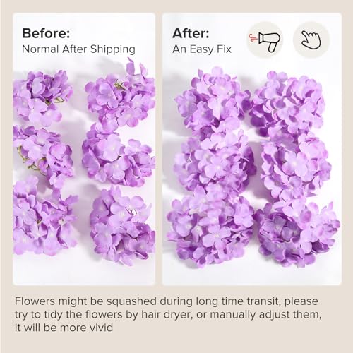 Auihiay 64pcs Hydrangea Artificial Flowers, Purple Artificial Hydrangea Flowers, Silk Hydrangea Heads with Stems for Garden, Home Party Baby Shower DIY Wedding Centerpiece (Purple) - color: Purple