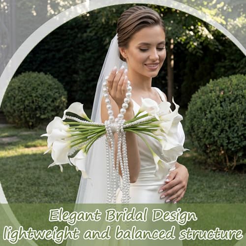 Yinder 14 Pcs Calla Lily Bridal Bouquet with Pearl Handle, Bridal Pearly Wedding Bouquet with Flowers with Pearl Bead for Wedding Marriage Party Church Bridesmaid