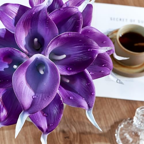 Artificial Calla Lily 12Pcs Purple Real Touch Faux Flowers for Wedding Bouquet, Bride Bridal Shower, Spring Home Kitchen Table Decor, Fake Lilies for Centerpieces, Party Decorations - color: Purple