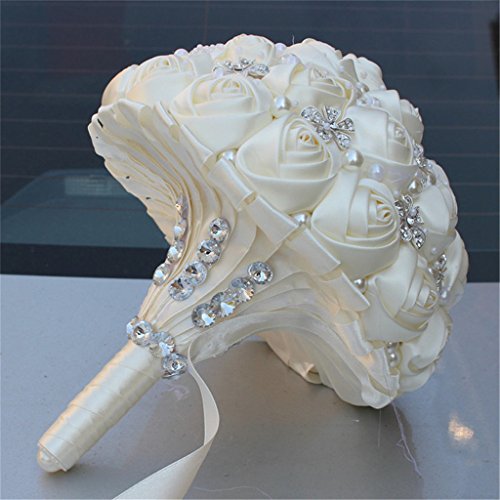 S_SSOY Wedding Bouquet Bride Bridal Brooch Bouquets Bridesmaid Bouquet Diamond Pearl Ribbon Valentine's Day Confession Party Church with Free Corsage Flower, Ivory White - color: Ivory White