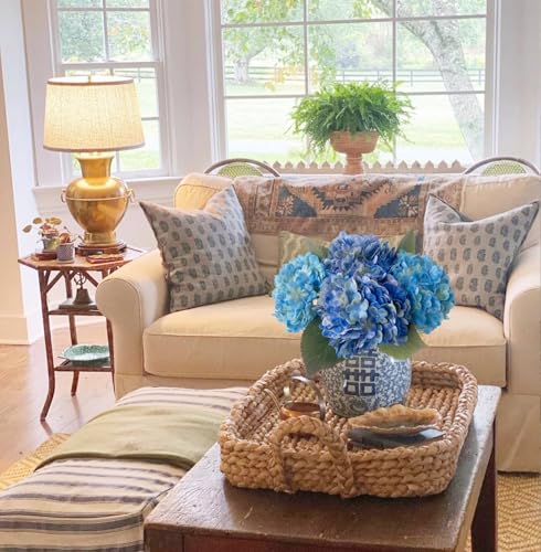 JINWOE Light Blue Vintage Boho Faux Hydrangea Flowers,4Pcs 21" Real Touch Artificial Hydrangea,Fake Silk Flowers for Dinning Tables Party Outdoor Home Cemetery Kitchen Wedding Bouquet - color: Light Blue