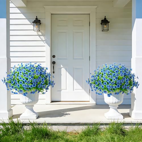 20 Bundles Artificial Flowers for Outdoors, Fake Silk Flowers UV Resistant Faux Realistic Plastic Plants for Spring Summer Porch Patio Garden Planter Window Box Home Decor, Blue - color: Blue