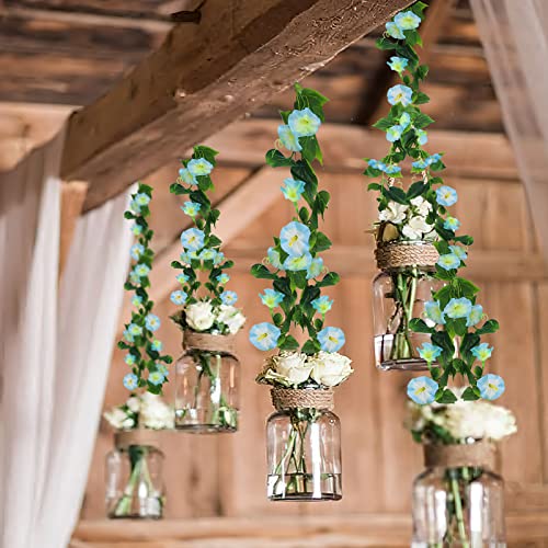 CISDUEO 2 Pcs Artificial Vines for Outdoors Silk Morning Glory Vines 15Feet Hanging Plants Blue Flowers Garland Fake Green Plant Morning Glories for Home Decor Wall Fence Wedding Hanging Baskets - color: Blue