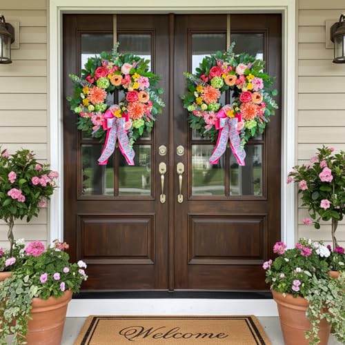 Spring Wreaths for Front Door 24 Inch Outdoor Spring Wreath with Pink Bow– Handmade Peach Dahlia & Garden Rose Summer Wreaths for Front Door,Farmhouse Home,Porch,Wall,Window Decor - color: Dahlia
