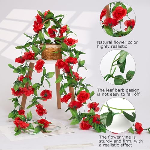 4Pcs Artificial Rose Vines Fake Flowers Garland with Green Leaves Faux Hanging Floral Plants for Bedroom Garden Patio Decor,Christmas Wedding Anniversary Birthday Party Decoration (Red) - color: Red, size: 4Pcs-large rose