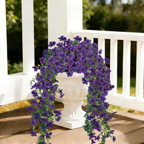 UV Resistant Artificial Hanging Flowers Outdoor Decor - 2 Pack Fake Hanging Plants with Silk Daisies for Spring Summer, No Fade Faux Flowers for Planter, Front Door, Porch, Patio, Garden, Yard - color: Purple