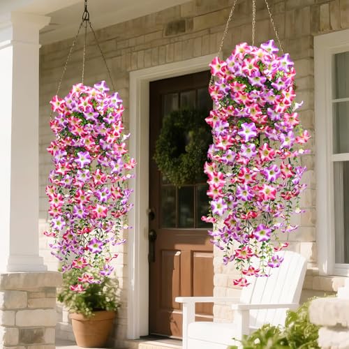 Waipfaru Artificial Petunias Flowers for Outdoors, 4 Pcs UV Resistant Fake Hanging Plants Spring Outside Decor, Faux Silk Flowers Long Trailing Vines for Outdoor Planters Porch Garden (Purple Fuchsia) - color: Rose, size: 4 PCS