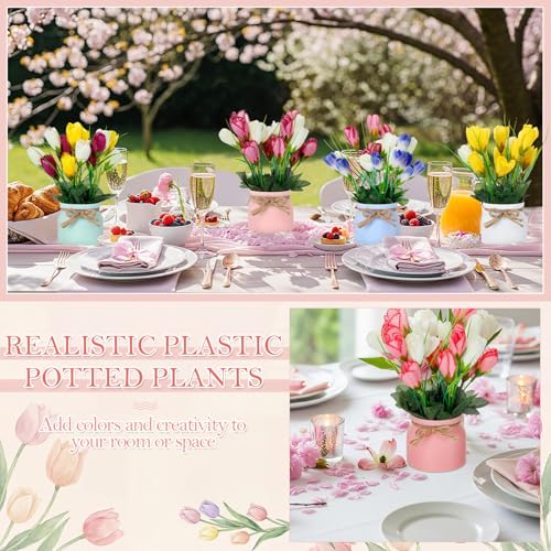 Suncalla Set of 12 Artificial Flower Tulip in Vase 8.66 Inches Floral Decor Spring Faux Tulip with Pots Fake Flower Centerpieces for Tables Home Bathroom Office Wedding Farmhouse Decoration - style: Tulip