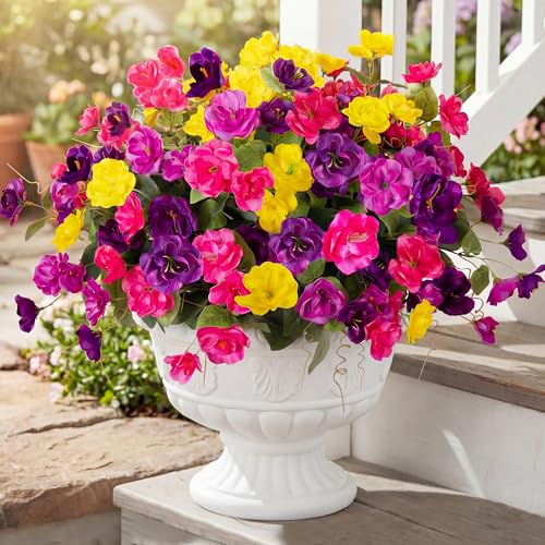 Hommyea Artificial Flowers for Outdoors, 6 Bundles Multicolor Silk Fake Hibiscus Flowers for Spring Summer Decoration, UV Resistant Fake Plants Plastic Bouquet for Home Planter Porch Patio Yard Decor - color: Deep Purple,rose Red,yellow