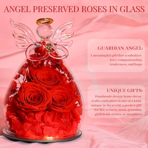Beferr Gifts for Mom Birthday Gifts for Women, Fresh Flowers for Delivery Forever Preserved Rose in Glass Angel Figurine, Anniversary Christian Real Rose for Grandma Wife Mother from Daughter Son - color: G Red