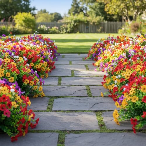 LADADA Artificial Flowers for Outdoors Faux Plants Outdoor Fake Flowers Spring, UV Resistant 12 Bundles Lifelike Faux Plants Greenery Shrubs for Patio Porch Garden Hanging Baskets Window Box Decor - color: Red Yellow Purple Pink