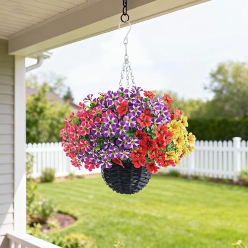 VIERENA 2 Sets Artificial Morning Glory and Eucalyptus Hanging Basket for Outdoor, UV-Resistant Fake Flower Hanging Basket, Suitable for Porch, Aisle, Garden, Patio, Eaves Decor (Mixed Color) - color: Mixed Color