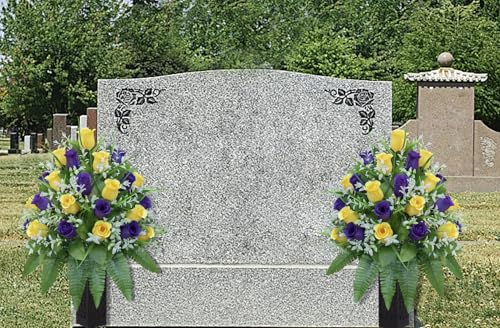 LVXINLI Artificial Cemetery Flowers, Gravesite Decoration Roses, Memorial Bouquets with Cemetery Vase, Vibrant and Long-Lasting Colors （ Yellow+Purple, 2 Bundles - color: Yellow+purple