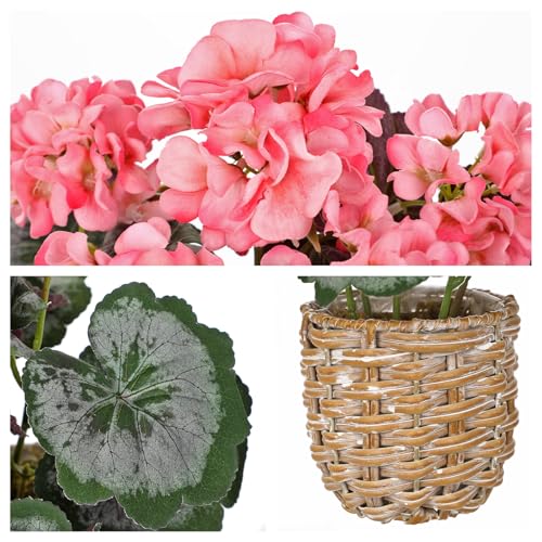 Briful Artificial Pink Geranium Flowers in Woven Basket, 11’’ Tall Silk Flower Arrangement, Realistic Geraniums Artificial Outdoor Plants for Home Indoor Farmhouse Table Wedding Centerpiece Decor - color: 11'' Tall Pink, Woven Basin