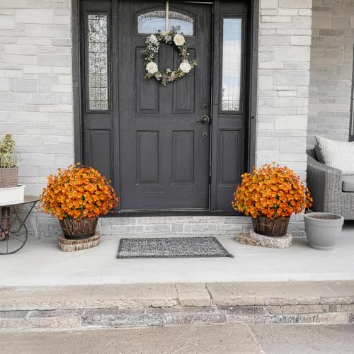 Fake Mums - Fall Flowers 8 Bundles Artificial Orange Daisy Flower Outside Plants for Home, Diwali Decor, Day of The Dead Decorations (Orange) - color: 8 Bouquets Orange Artificial Fall Flowers for Outdoors