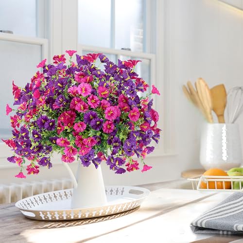 Artificial Flowers for Outdoors 12 Bundles Realistic Faux Plants UV Resistant Fake Silk Morning Glory with Eucalyptus for Front Door Planter Patio Porch Spring Summer Decoration (2 Mixed Color) - color: Mixed 2 Color