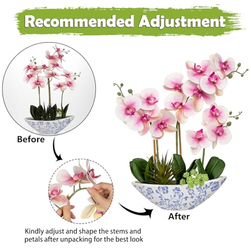 Briful Pink Orchid Fake Flowers 17in Artificial Orchid Silk Flowers in Blue and White Ceramic Vase Faux Orchid Arrangement for Elegant Home Office Room Dining Table Centerpiece Shelf Modern Decor - color: Pink-blue and White Porcelain Vase