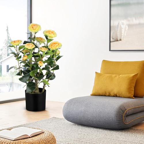 Romantic Season 2FT Yellow Artificial Camellia Tree 2Pack, Faux Camellia Plant Fake Potted Camellia Flower Tree for Modern Home Office Living Room Floor Décor - color: Yellow, size: 2FT