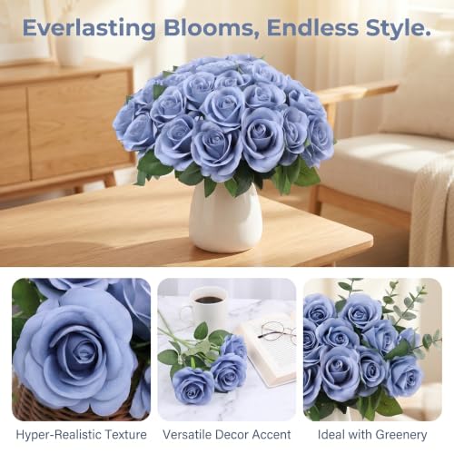 52pcs Dusty Blue Roses Artificial Flowers Fake Flowers Silk Roses with Stems for DIY Wedding Bouquets Bridal Shower Centerpieces Arrangements Party Decorations - color: Dusty Blue