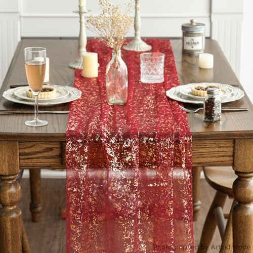 Artoid Mode Red Gold Gauze Table Runner 120 Inch 10FT, Glitter Metallic Foil Sheer Dining Wedding Anniversary Holiday Table Decor for Home Party - color: Red, size: 28" x 120"
