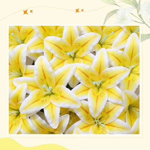 Suncalla 30 Pack Large Artificial Lilies Flower Heads with Realistic Stamens 5.9" Faux Fake Lily Flower Heads Bulk for DIY Crafts Cake Wedding Bridal Wreaths Table Home Party Decor (Yellow) - color: Yellow