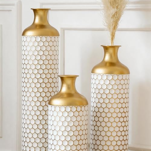 Tall Floor Vases Set of 3, White and Gold Large Tall Decorative Standing Vases with Hammered Gold Accents for Fireplace Home Corner Hallway Office, 31.5" 27.5" 23.6" - color: White Gold