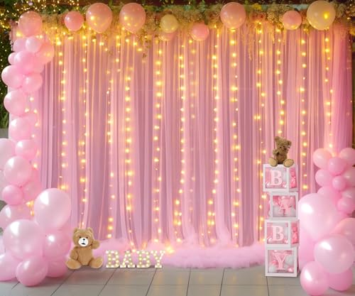 Pink Tulle Backdrop Curtains with Lights String for Parites 10ft×8ft Wrinkle Free Pink Sheer Sparkle Backdrop Curtains for Baby Shower Girls Bridal Shower Birthday Party Photo Shoot Decorations - color: Pink, size: 10 ft X 8 ft(2 Panels 5ft X 8ft)