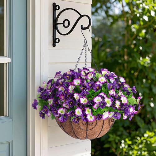 Ammyoo Artificial Hanging Flowers 12 inch Basket, Faux Silk Petunias Flower Arrangement,Coconut Lining Pot Planter with Morning Glories Patio Garden Porch Deck Spring Summer Decor(Purple Edge) - color: Purple Edge