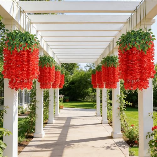 HUAHUA Artificial Wisteria Flowers, White Dense Artificial Fake Wisteria Vine Ratta Hanging Garland Silk Flowers String for Home Party Wedding Decor (24pcs Red) - color: 24pcs Red