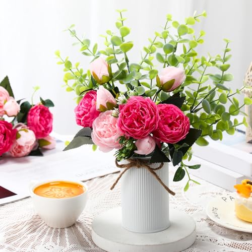 6 Sets Artificial Peonies Flowers, 6 Artificial Peony with Vase 6 Faux Eucalyptus, Faux Silk Peony Bouquet Spring Flowers for Decoration Wedding Party Home Dining (Pink) - color: Pink