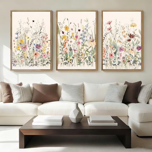 BINCUE Wildflower Wall Art Large Floral Wall Painting Neutral Print Pictures Framed Flower Wall Decor Wildflower Artwork Flowers Pictures Floral Art Prints for Living Room Bedroom Bathroom Farmhouse 24x36 Inches Set of 3 Gift - color: Wildflowers, size: 2