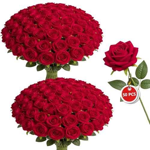 50 Pcs Red Artificial Roses, Real Touch Velvet Fake Flowers with Long Stems Bulk for DIY Bridal Bouquet, Wedding Centerpieces, Valentine's Day, Home Party Decor