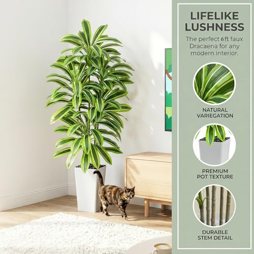 Artificial Dracaena Tree：5FT Faux Silk Tropical Yucca Floor Trees Realistic Fake Green Plant with Natural Wood Trunk & Lifelike Leaves for Home Office Decor Indoor & Outdoor (5FT,1-Pack,White) - color: Light Green – White Pot, size: 5FT