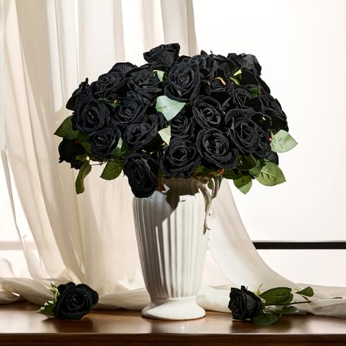 AmyHomie 48 PCS Black Roses Velvet Realistic Artificial Flowers with Bendable Stems for Wedding Bouquets Baby Shower Party Home Decor Fake Flowers Gifts for Valentines, Mothers Day, Womens Day - color: Black