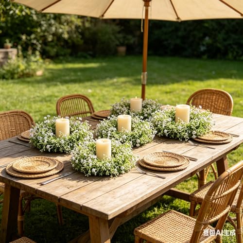 8 Pcs Mini Baby Breath Candle Rings Wreaths Gypsophila Pillar Holder Wreath Artificial Flower Spring Summer Floral Wreath for Wedding Farmhouse Porch Cabinets Table Decoration - color: Baby Breath