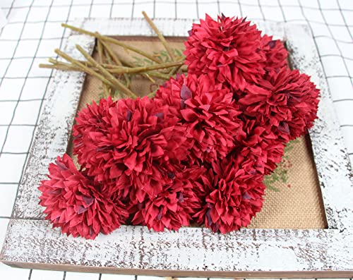 Tinsow 12Pcs Artificial Chrysanthemum Faux Red Ball Flowers Burgundy Fall Flowers for Christmas Autumn Farmhouse Home Decoration (12, Red) - color: Red