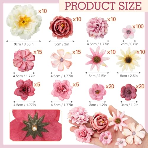 Thiccywoov 250 Pcs Artificial Flowers Heads Bulk Mini Silk Mix Flowers Fake Peony Daisy Rose Multicolor for Blossom Wreath Bouquets Wedding Home Decorations Party Craft Garland DIY(Pink) - color: Pink