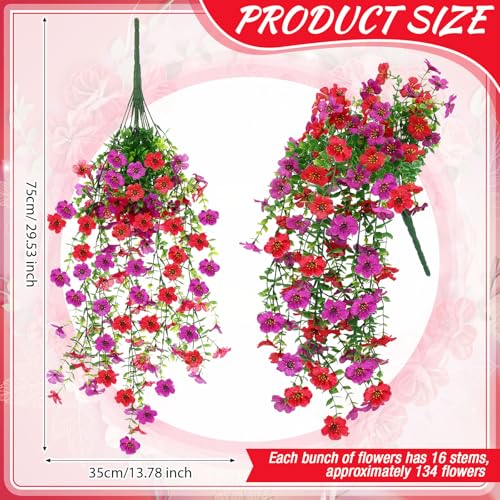 Suncalla 4 Pcs 30In Artificial Hanging Flowers for Outdoor Planter 156 Branches Trailing Faux Potted Plant Fake Floral UV & Fading Resistant for Wedding Patio Spring Summer Decor(Red, Purple) - color: Red, Purple