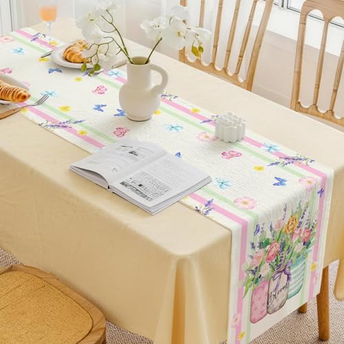 72 x 13 Inch Spring Floral Table Runner – Spring Table Runner with Mason Jar Wildflower and Butterfly Pattern for Garden Parties, Kitchen, Mantel, Dining Table Décor, Spring Party Supplies - style: Victorian