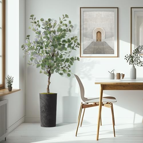 Artificial Tree in Geometric Spiral Pattern Planter, Fake Eucalyptus Silk Tree for Indoor and Outdoor Home Decoration - 66" Overall Tall (Plant Pot Plus Tree) - style: Eucalyptus Tree