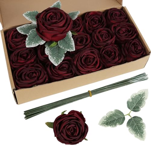 Fake Roses,16PCS Burgundy Flowers Artificial Silk Roses with Stems for Wedding Bouquets Party Bridal Shower Home Decor(Burgundy) - color: Burgundy