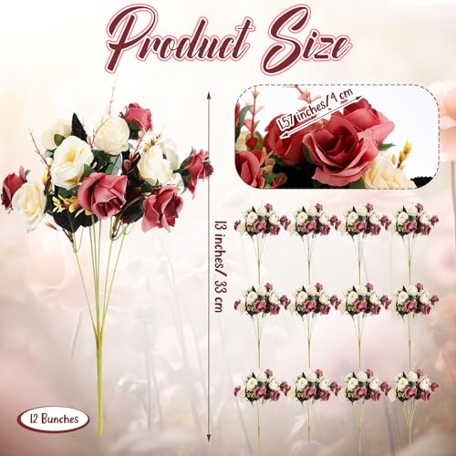 Hotop 12 Bunches of Artificial Flowers Centerpiece 13 Inches Silk Fake Roses Bouquets for Table Decoration Faux Arrangement Flowers for Wedding Cemetery Memorial Day (Coffee) - color: Coffee