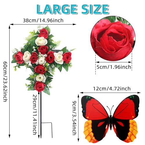 Artificial Cemetery Flowers,Set of 2 Faux Floral Cross,Artificial Rose Bouquet Decoration for Cemetery Headstones Gravesites,Silk Flowers for Long-Lasting Remembrance (red) - color: Red