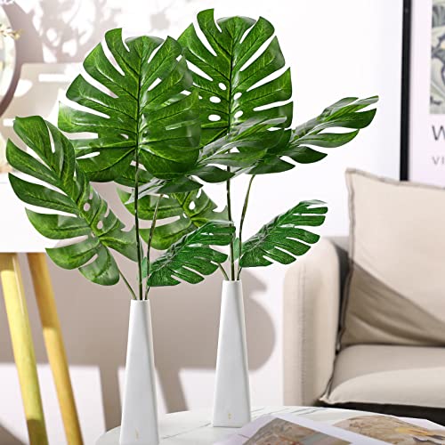 Zeyune 24 Pcs Artificial Palm Leaves Bulk with Faux Stems Large Fake Monstera Leaf for Palm Sunday Wedding Artificial Turtle Leaf Tropical Greenery Plant UV Resistant Hawaiian Jungle Party