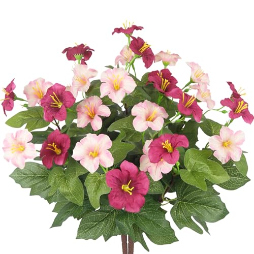 2 Pcs Artificial Flowers for Outdoors Fake Plants Outside Spring Summer Decoration Realistic Silk Morning Glory UV Resistant Faux Flowers for Planter Patio Yard Garden Porch Fuchsia Light Pink - color: Fuchsia, Light Pink